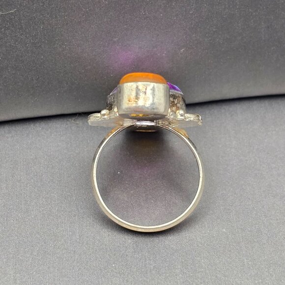 925 Silver-Plated Ring Size 7.5 VTG Glass Teardrop & Amber Cabochon Statement - Picture 3 of 14